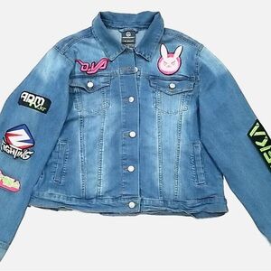 Overwatch Her Universe BLUE Denim Jacket Women XS Colorful Patches Embroidered